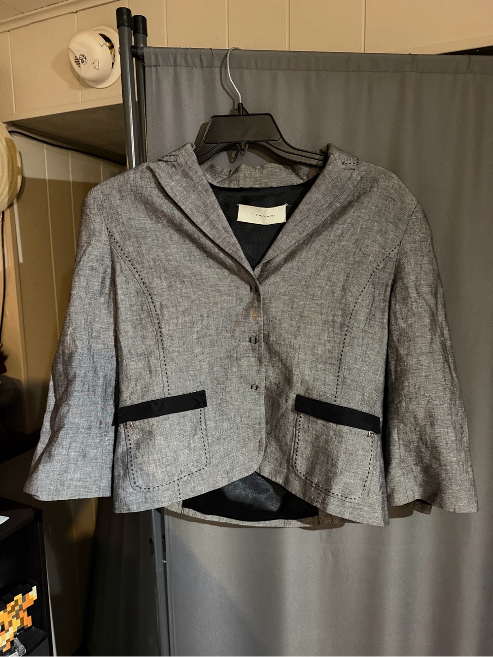 T Tahari Gray Cropped Blazer with Black Trim
